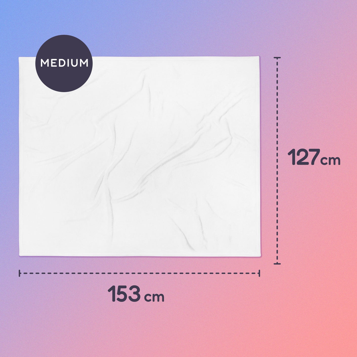 153 x 127cm medium throw blanket on a blue and pink gradient background.