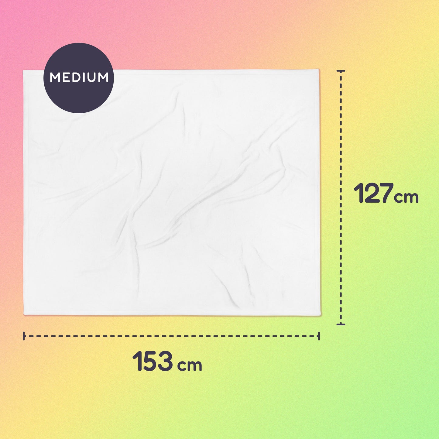 153 x 127cm medium throw blanket on a pink, yellow and green gradient background.