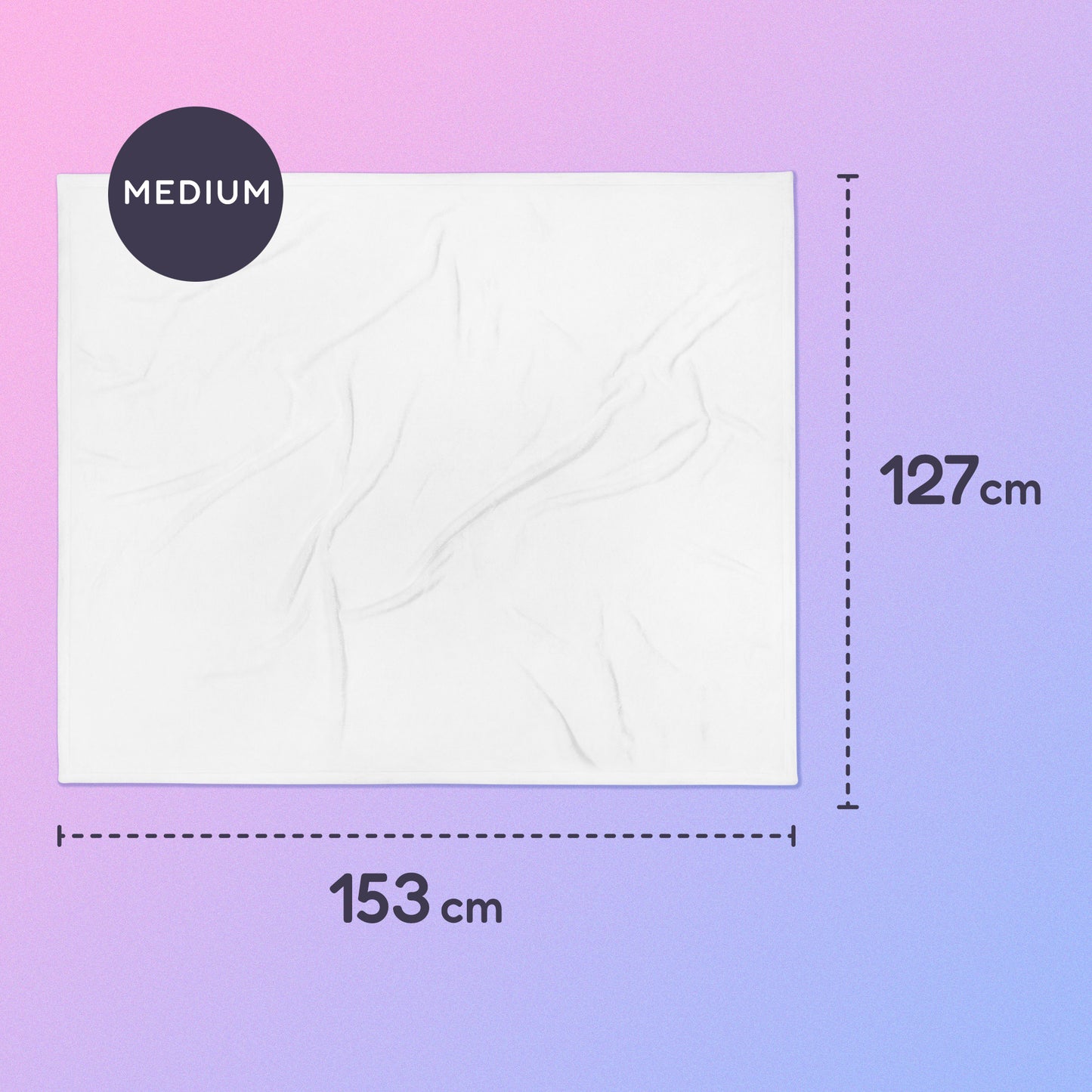 153 x 127cm medium throw blanket on a pink and purple gradient background.