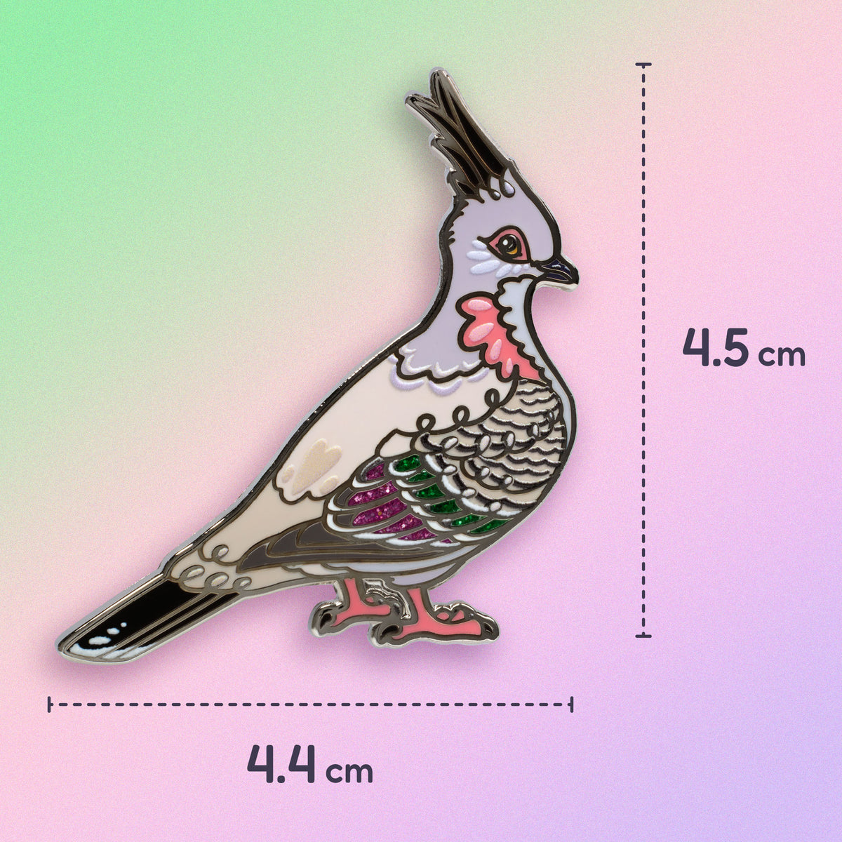 4.4x4.5cm nickel-plated crested pigeon hard enamel pin on a green, purple and pink gradient background.