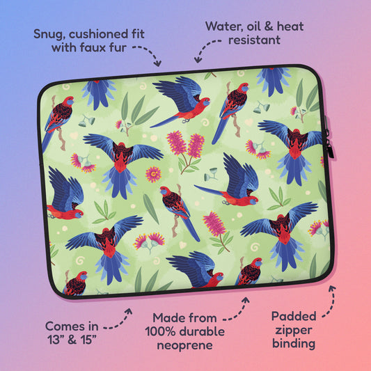 Features & benefits ('Snug, cushioned fit with faux fur', 'Water, oil and heat resistant', 'Comes in 13" & 15"', 'Made from 100% durable neoprene', 'Padded zipper lining') surrounding a laptop sleeve with a colourful green, red, blue and pink crimson rosella pattern on a pink and blue gradient background.