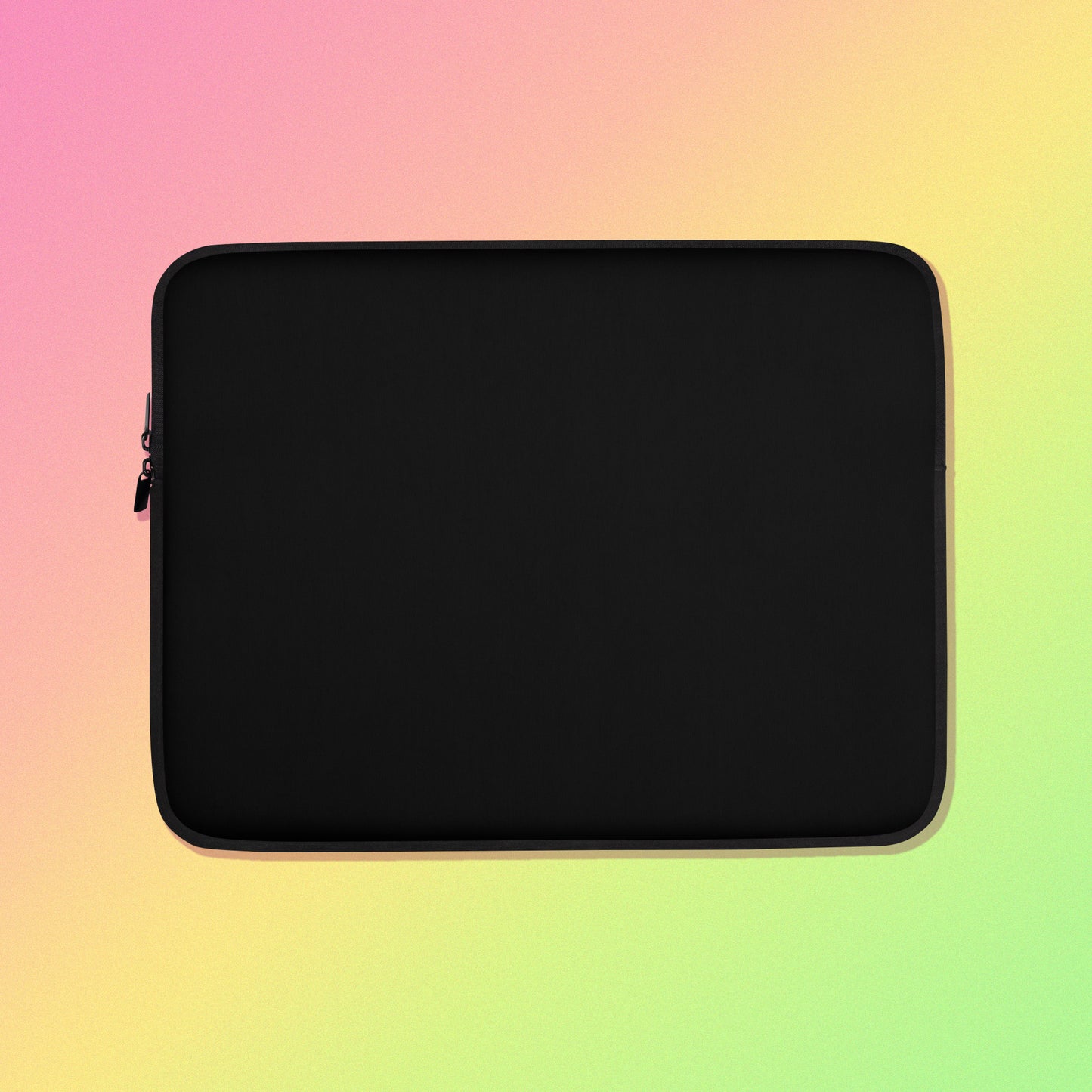 Laptop sleeve with plain black fabric on one side and a colourful rainbow, blue, green, red and pink Eastern Rosella pattern on the other on on a pink, yellow and green gradient background.