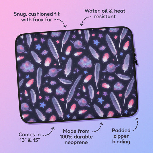 Features & benefits ('Snug, cushioned fit with faux fur', 'Water, oil and heat resistant', 'Comes in 13" & 15"', 'Made from 100% durable neoprene', 'Padded zipper lining') surrounding a laptop sleeve with a pink, purple and blue space-themed galaxy galah cockatoo feather pattern on a pink and purple gradient background.