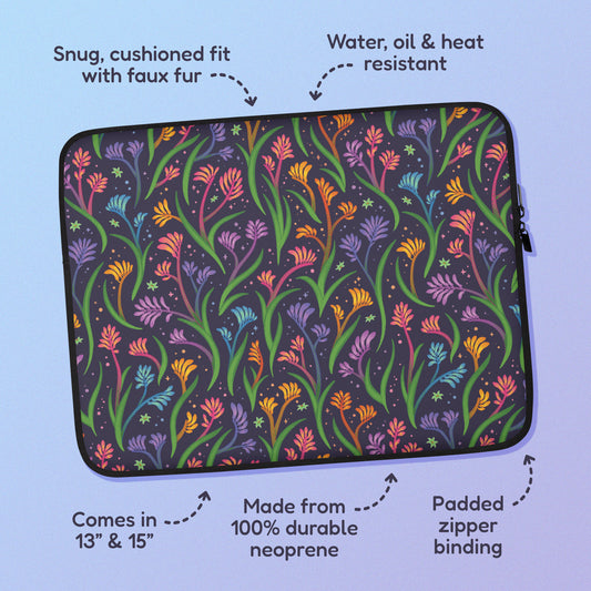 Features & benefits ('Snug, cushioned fit with faux fur', 'Water, oil and heat resistant', 'Comes in 13" & 15"', 'Made from 100% durable neoprene', 'Padded zipper lining') surrounding a laptop sleeve with a colourful rainbow kangaroo paw flower pattern on a blue and purple gradient background.