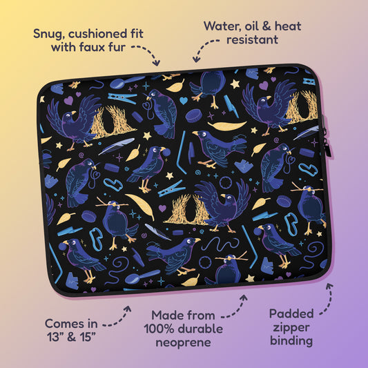 Features & benefits ('Snug, cushioned fit with faux fur', 'Water, oil and heat resistant', 'Comes in 13" & 15"', 'Made from 100% durable neoprene', 'Padded zipper lining') surrounding a laptop sleeve with a colourful purple, blue and yellow satin bowerbird pattern on a yellow and purple gradient background.