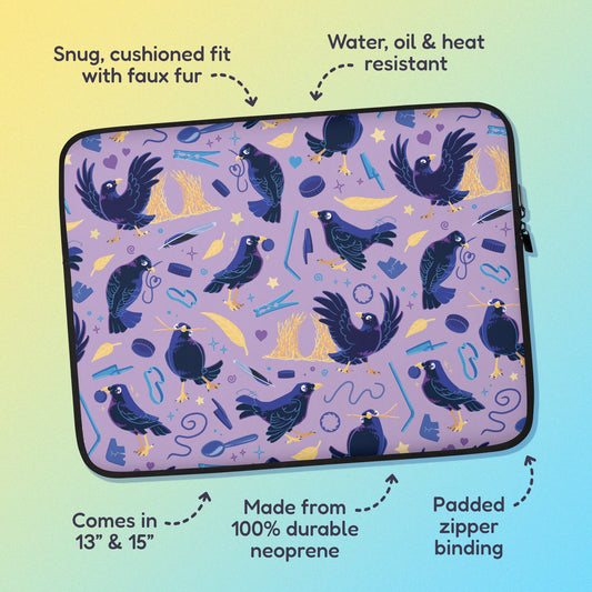 Features & benefits ('Snug, cushioned fit with faux fur', 'Water, oil and heat resistant', 'Comes in 13" & 15"', 'Made from 100% durable neoprene', 'Padded zipper lining') surrounding a laptop sleeve with a colourful purple, blue and yellow satin bowerbird pattern on a yellow and blue gradient background.