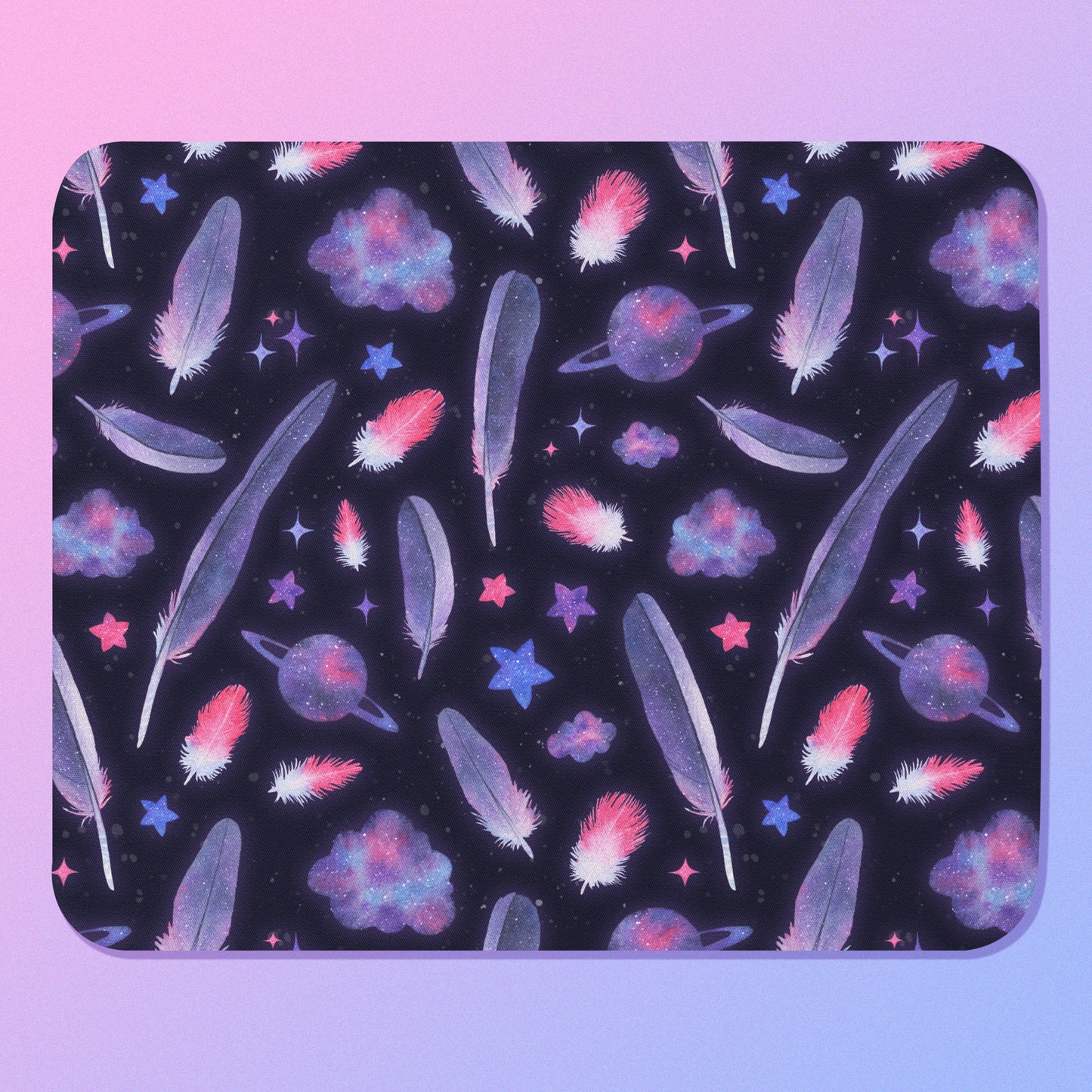 Mouse pad with galah cockatoo feather and space-themed pattern on a pink background