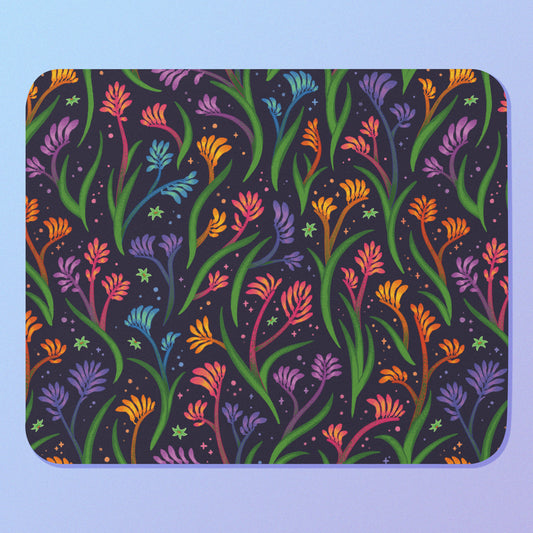 Colourful floral kangaroo paw themed mouse pad on a light blue background