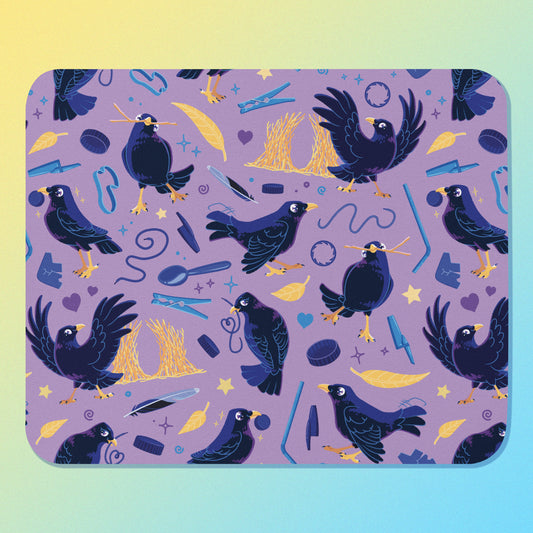 Purple mouse pad with a satin bowerbird pattern on a gradient background