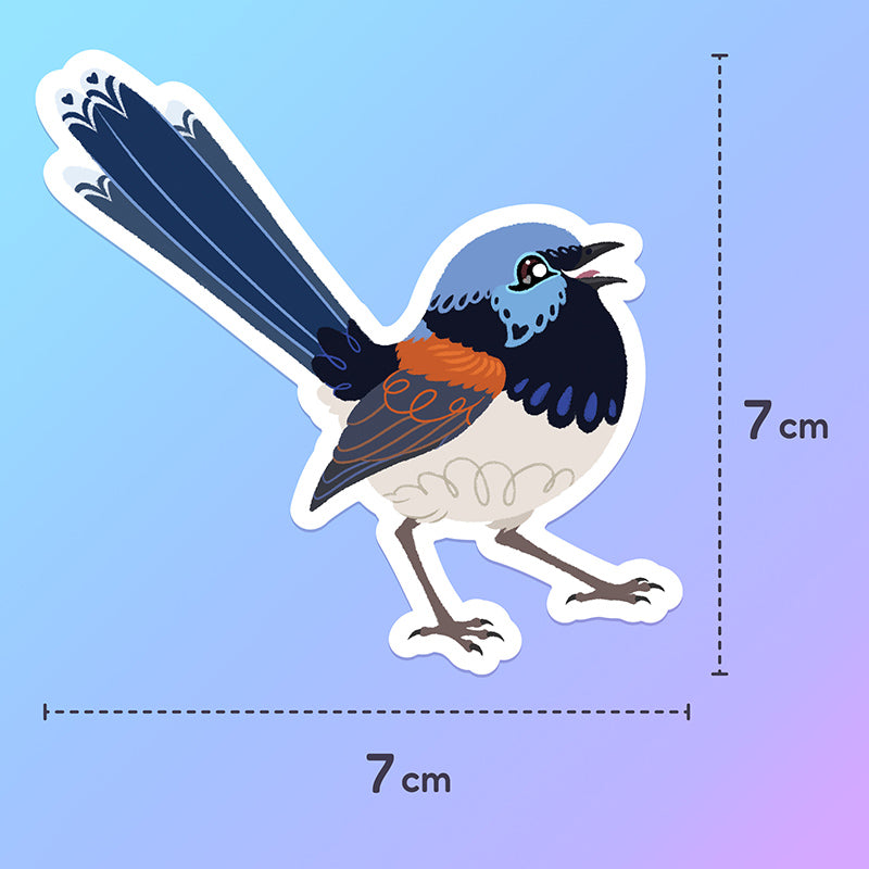 7x7cm colourful sticker of a male Lovely Fairywren chirping on a purple, blue and green gradient background.