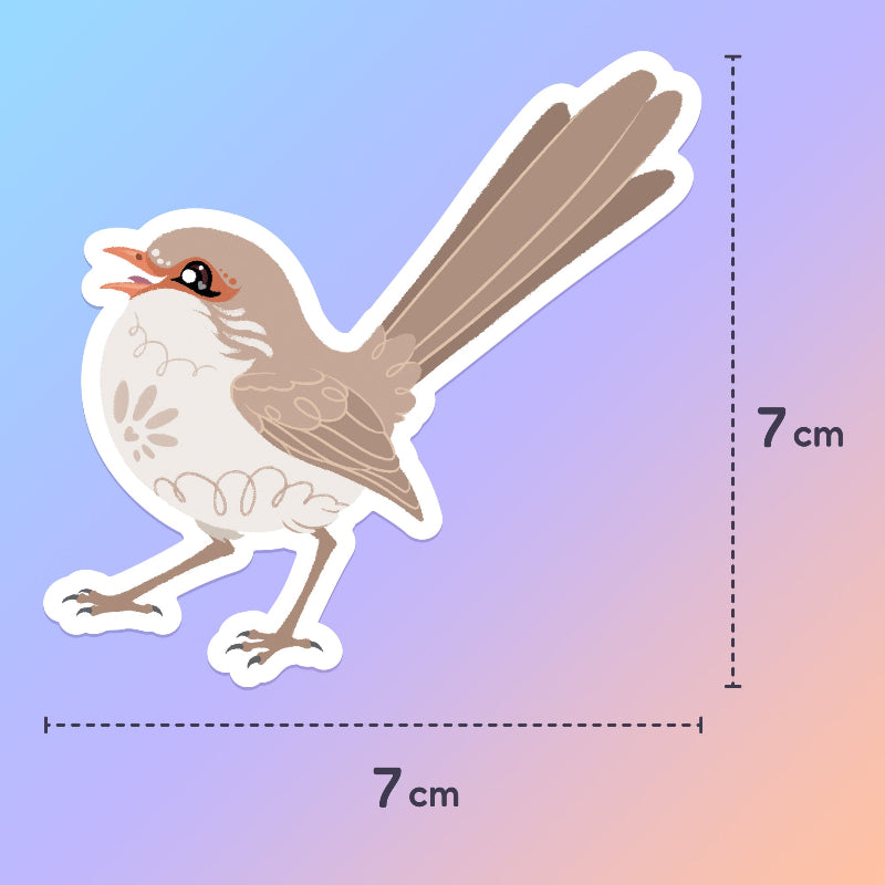 7x7cm cute sticker of a female Superb Fairywren chirping on a blue and pink gradient background.