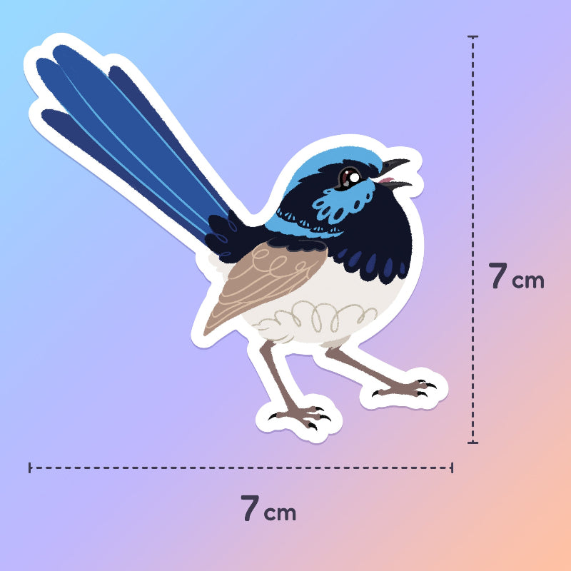 7x7cm colourful sticker of a male Superb Fairywren chirping on a blue and pink gradient background.