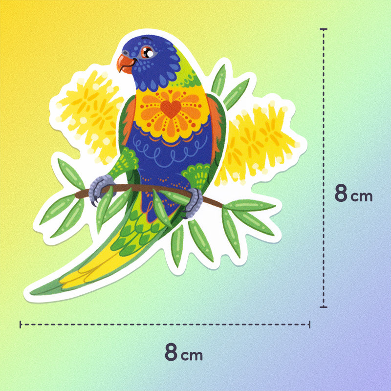 8x8cm colourful sticker of a rainbow lorikeet with yellow bottlebrush flowers on a blue, green and yellow gradient background.