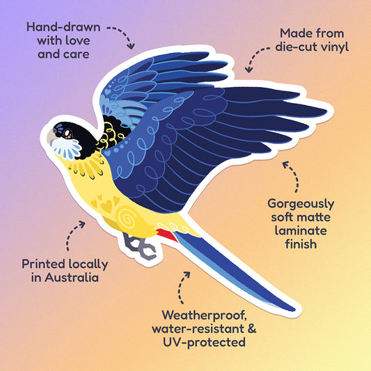 Features & benefits ('Hand-drawn with love and care', 'Made from die-cut vinyl', 'Gorgeously soft matte laminate finish', 'Weatherproof, water-resistant and UV-protected', 'Printed locally in Australia' surrounding a colourful sticker of a Northern Rosella in flight on a purple, orange and yellow gradient background.