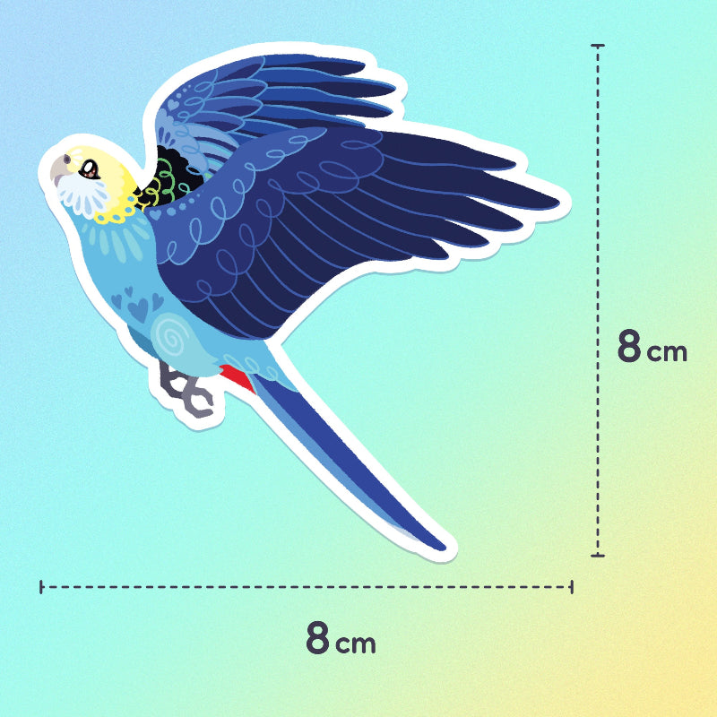 8x8cm colourful sticker of a Pale-Headed Rosella in flight on a blue, green and yellow gradient background.