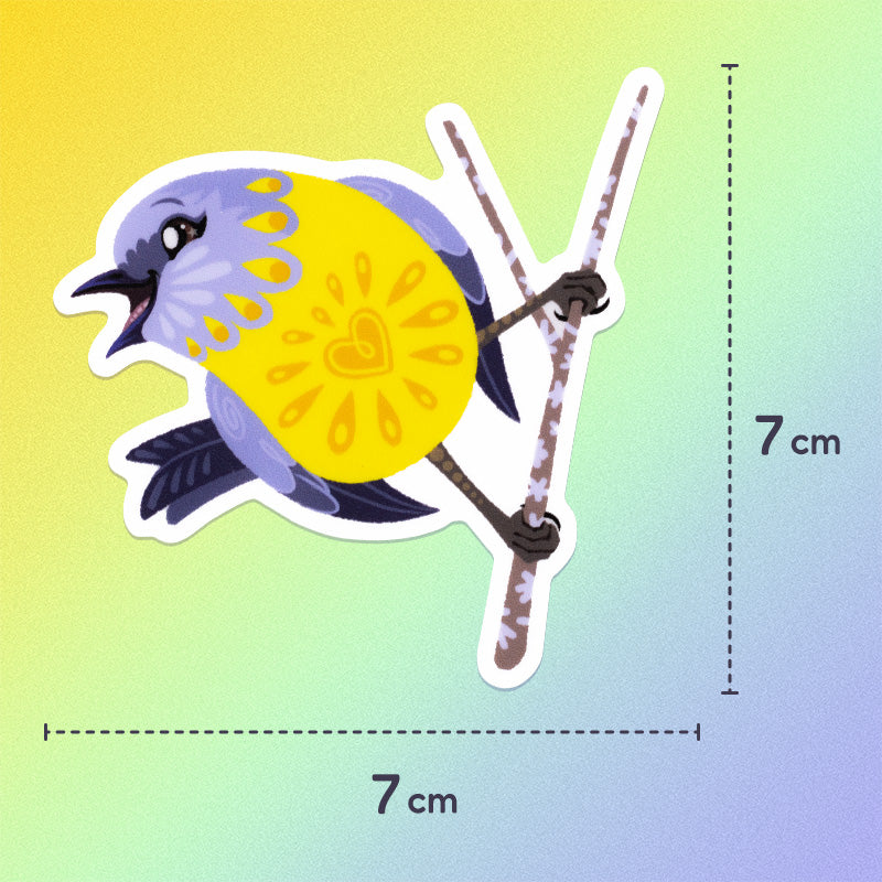 7x7cm colourful sticker of an eastern yellow robin perched on a lichen-covered branch on a yellow, green and blue gradient background.