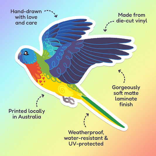 Features & benefits ('Hand-drawn with love and care', 'Made from die-cut vinyl', 'Gorgeously soft matte laminate finish', 'Weatherproof, water-resistant and UV-protected', 'Printed locally in Australia' surrounding a colourful sticker of a Scarlet-Chested Parrot in flight on a rainbow gradient background.