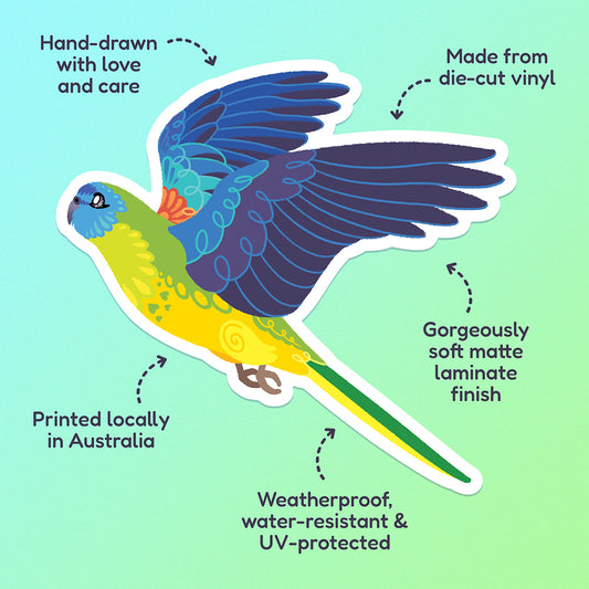 Features & benefits ('Hand-drawn with love and care', 'Made from die-cut vinyl', 'Gorgeously soft matte laminate finish', 'Weatherproof, water-resistant and UV-protected', 'Printed locally in Australia' surrounding a colourful sticker of a Turquoise Parrot in flight on a blue and green gradient background.