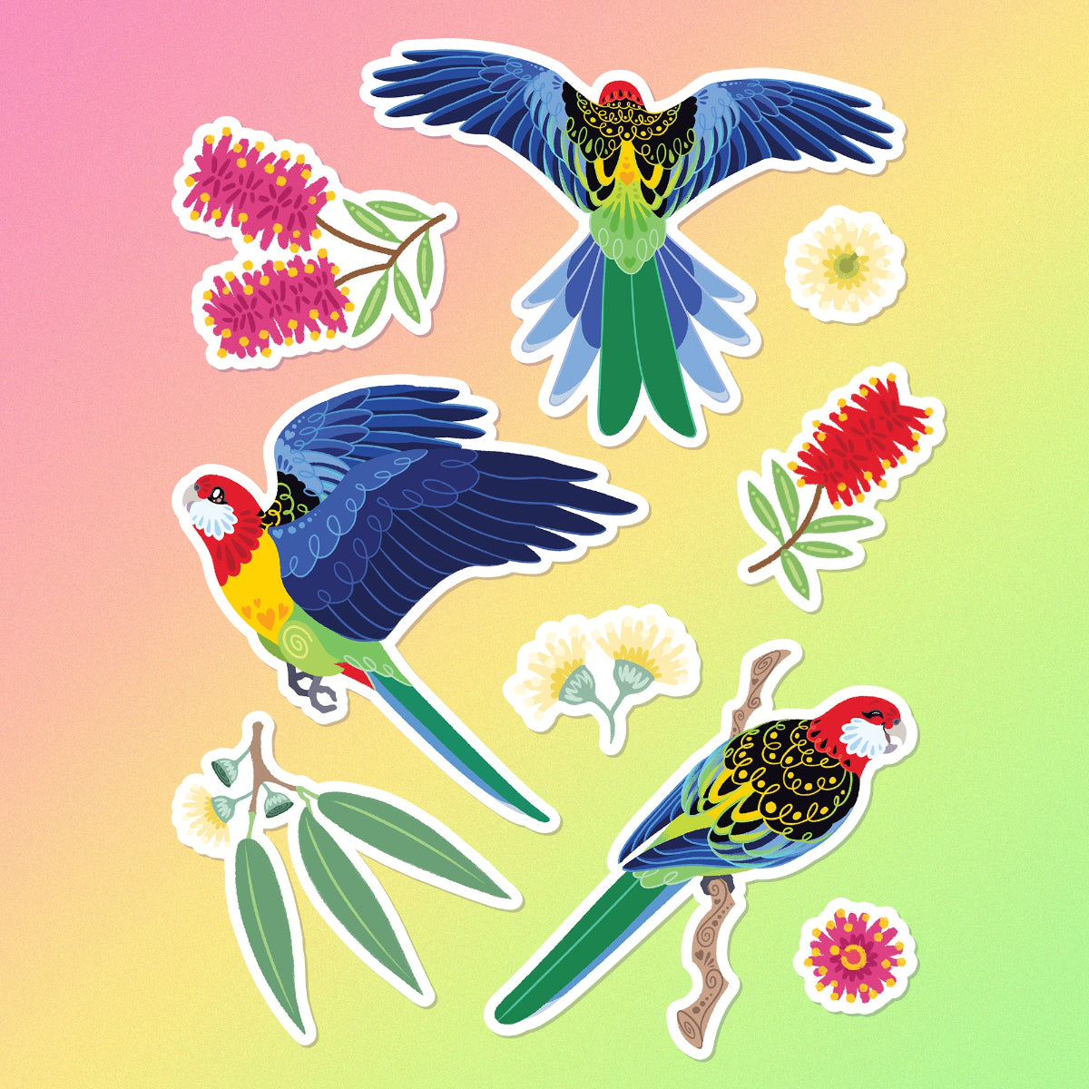 9 colourful stickers including 3 different Eastern Rosellas, eucalyptus leaves, eucalyptus flowers and red & pink bottlebrush flowers on a pink, orange, yellow and green gradient background.