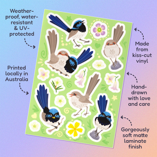Features & benefits ('Hand-drawn with love and care', 'Made from kiss-cut vinyl', 'Gorgeously soft matte laminate finish', 'Weatherproof, water-resistant and UV-protected', 'Printed locally in Australia' surrounding 15 colourful stickers of male & female Superb Fairywrens and pink and yellow native flowers on a blue and pink gradient background.