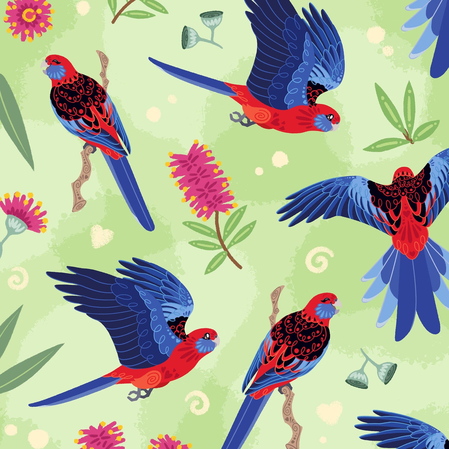 A green, blue and red pattern of crimson rosellas, bottlebrush flowers and eucalyptus leaves.