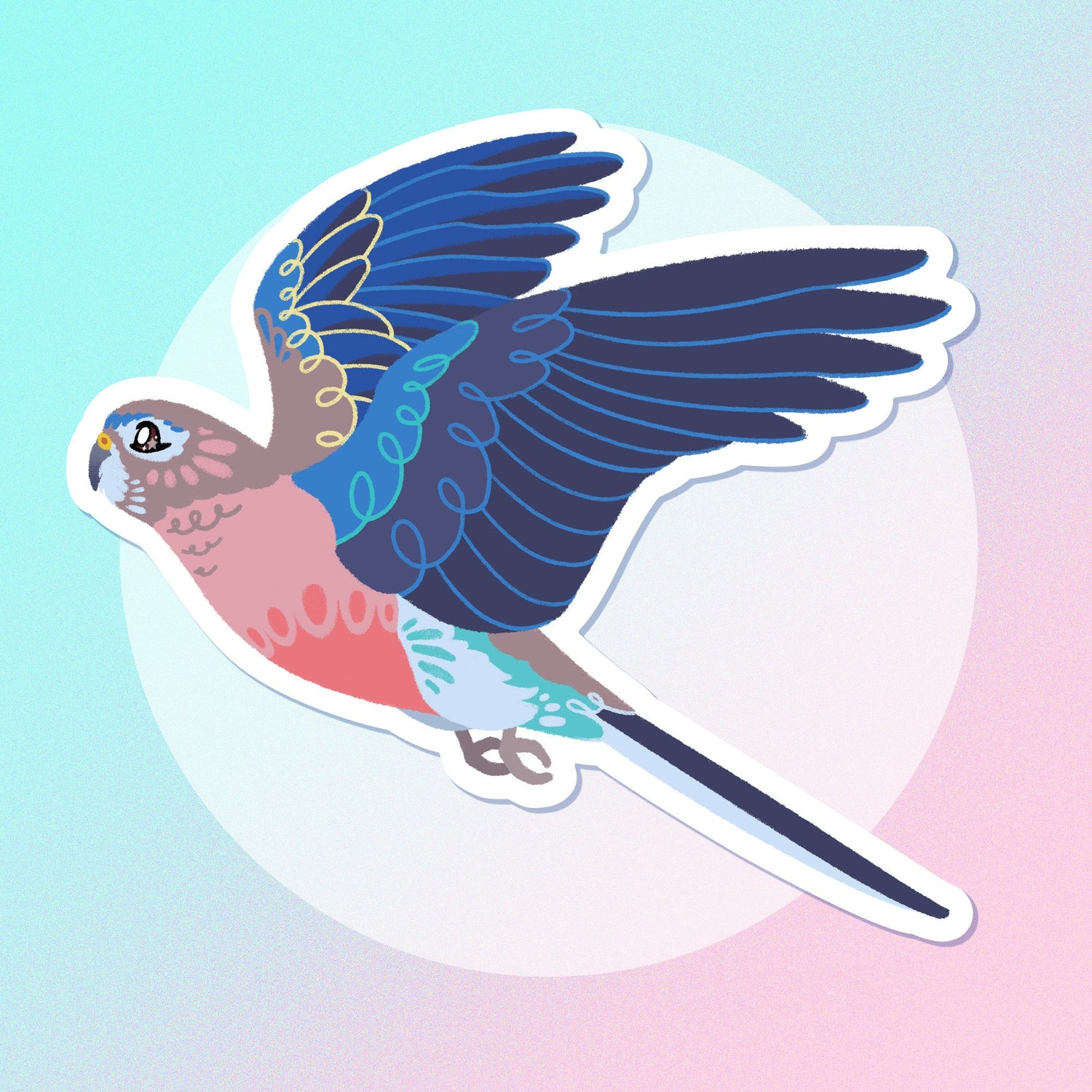 A flying bourke's parrot sticker on a white circle on a blue and pink gradient background.