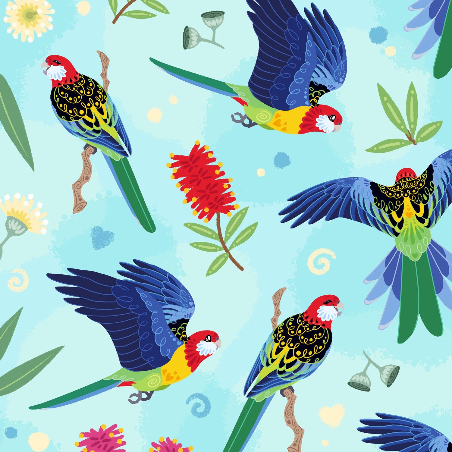 A blue and rainbow pattern of eastern rosellas, bottlebrush flowers and eucalyptus leaves.