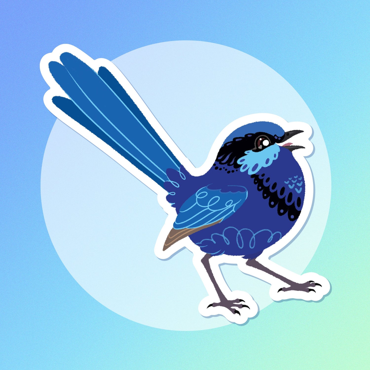 A male splendid fairywren sticker on a white circle on a blue and green gradient background.