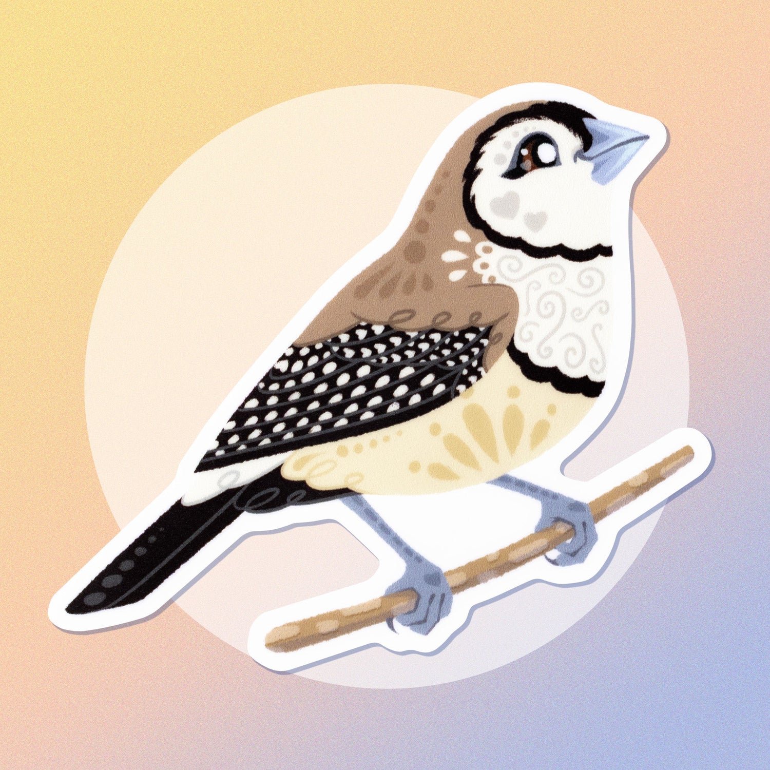 Colourful die-cut sticker of a double-barred owl finch on a white circle on a soft beige, pink and pastel blue gradient background.
