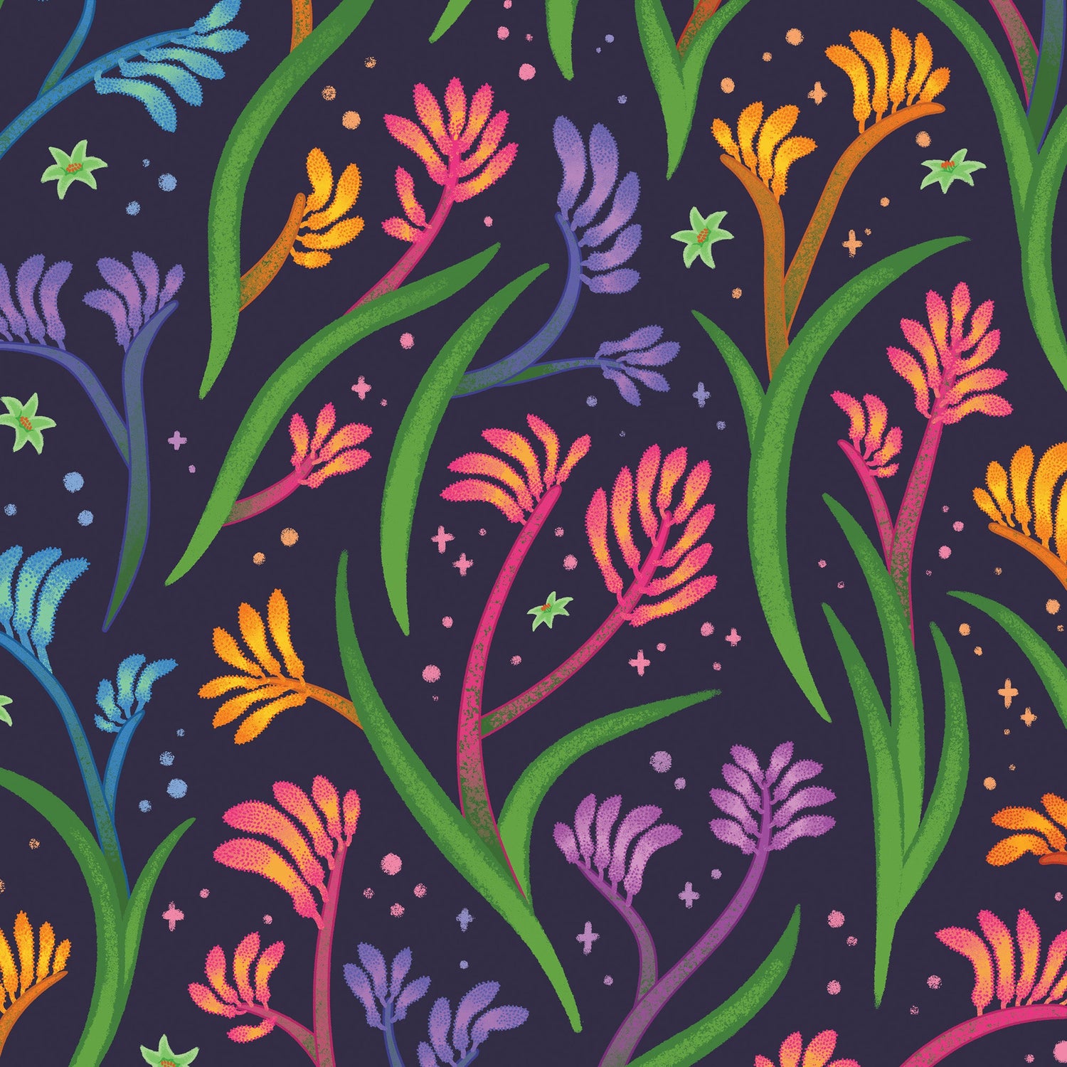 A black and rainbow pattern of kangaroo paw flowers and leaves.