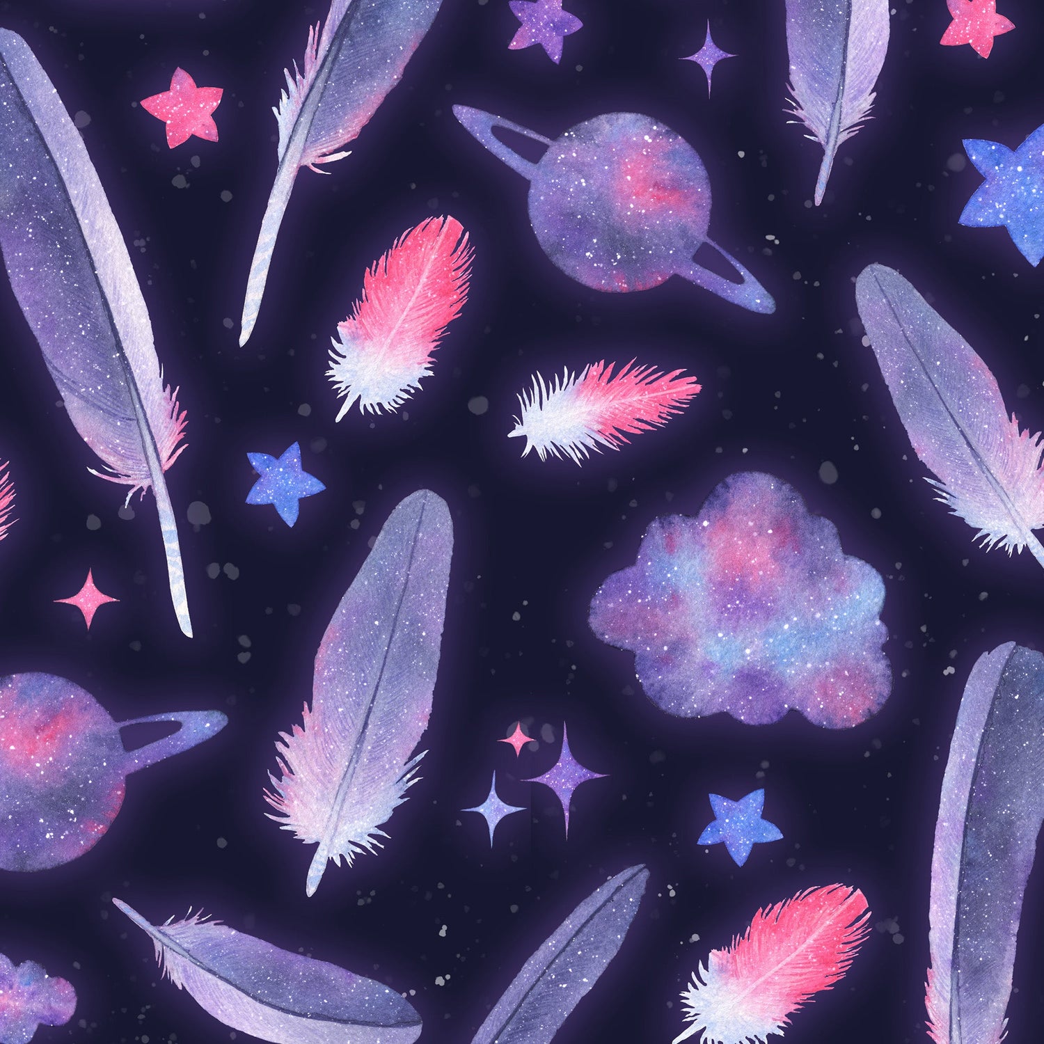 A black, blue, purple and pink galaxy-themed pattern with galah cockatoo feathers scattered around.