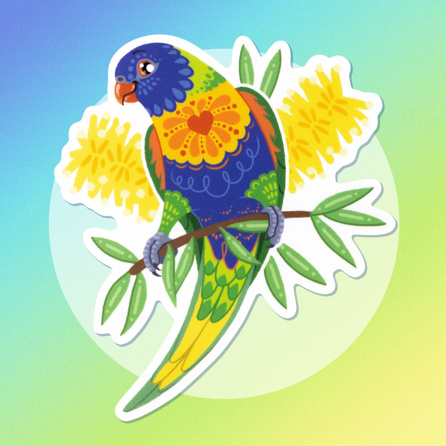 Colourful sticker of a rainbow lorikeet with yellow bottlebrush flowers on a white circle on a blue, green and yellow gradient background.