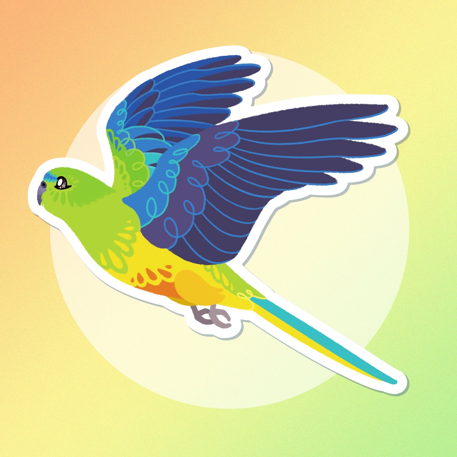 A flying orange-bellied parrot sticker on a white circle on a orange, yellow and green gradient background.