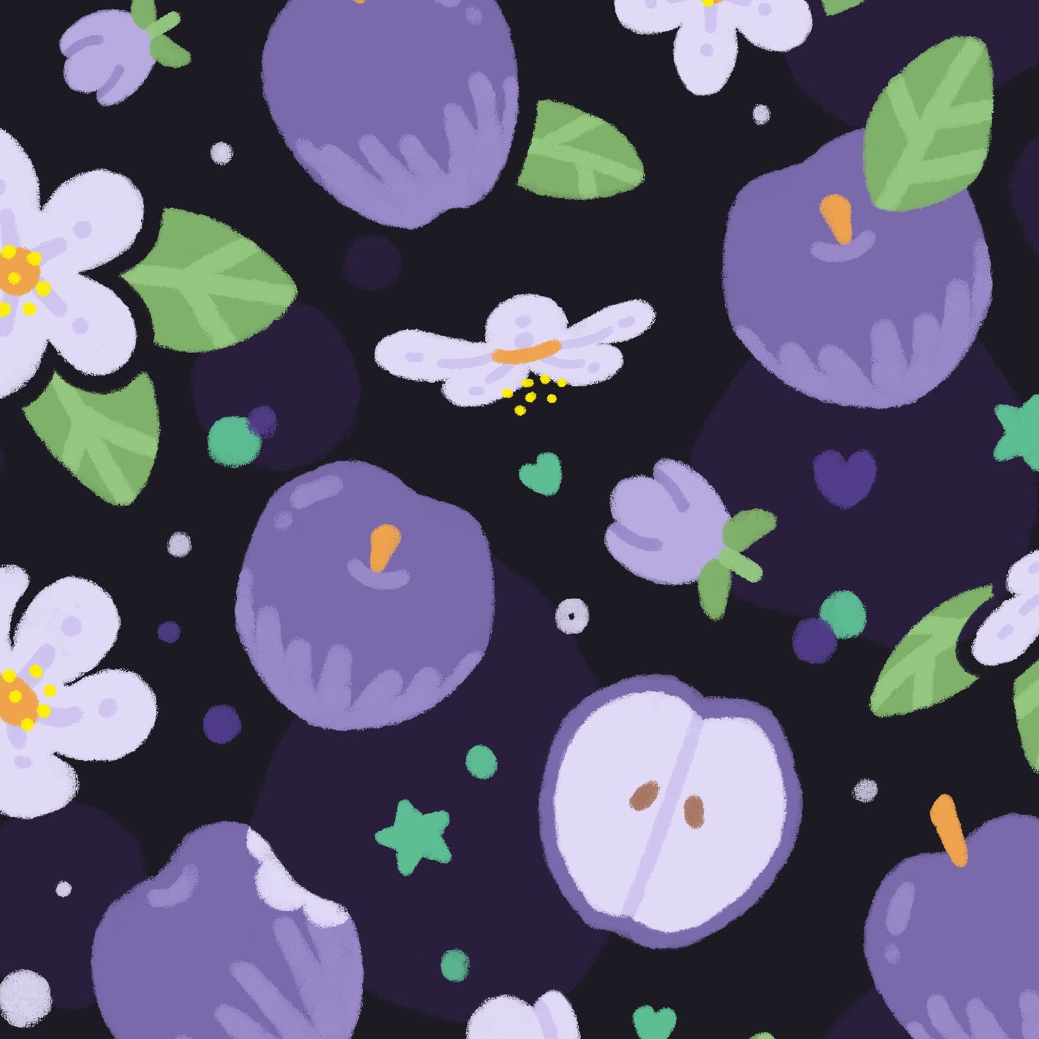 A black, purple, green and white pattern with purple apples and apple blossoms.