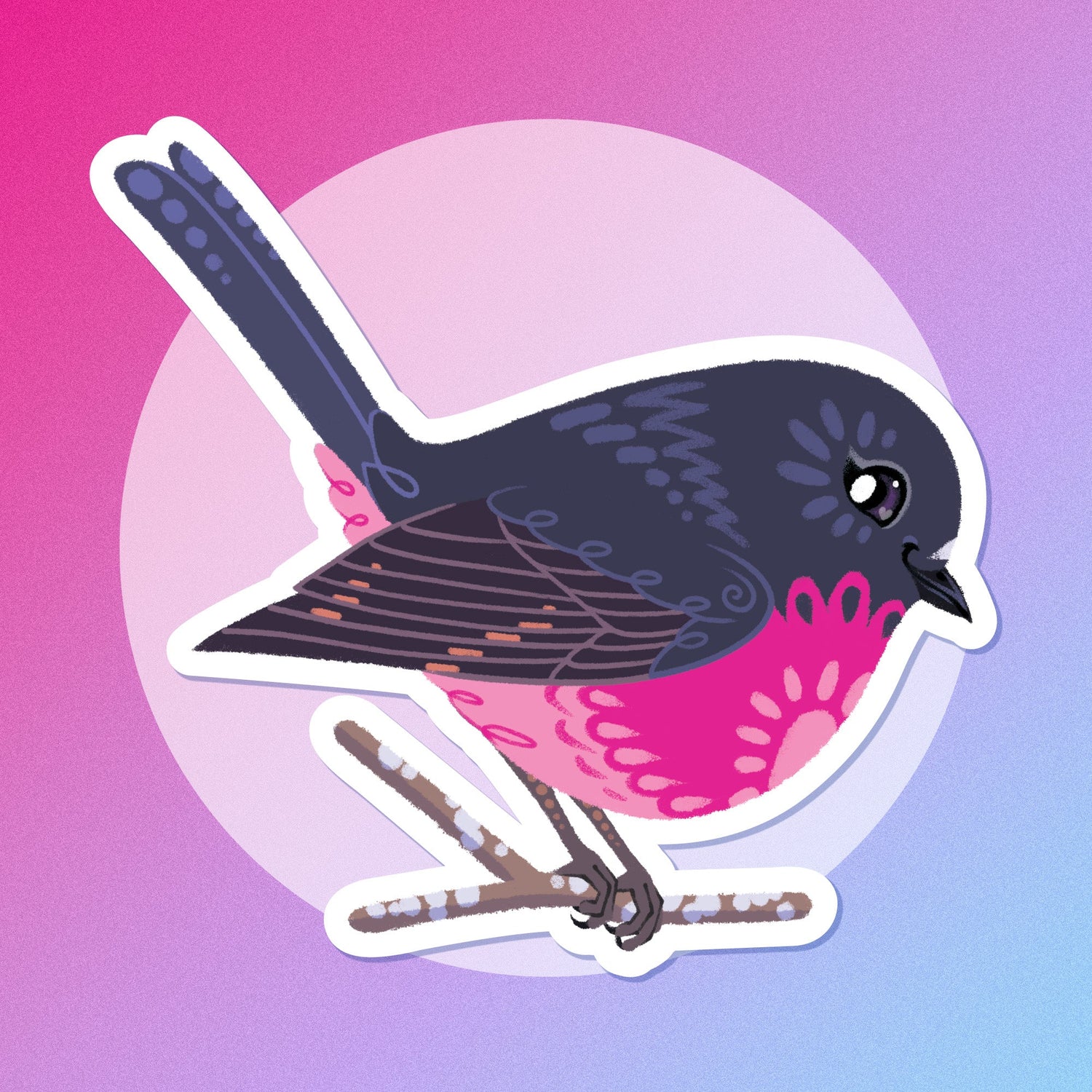 Colourful sticker of a male pink robin perched on a lichen-covered branch on a pink and purple gradient background.