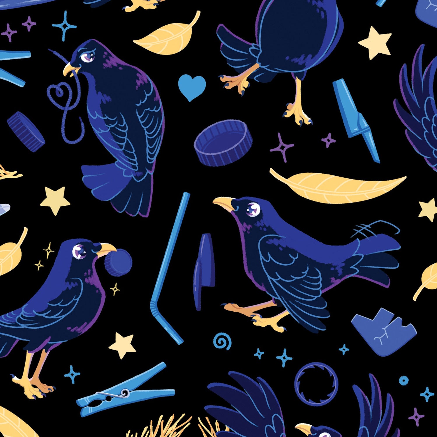 A black, blue and purple pattern with male satin bowerbirds surrounded by blue and yellow items.