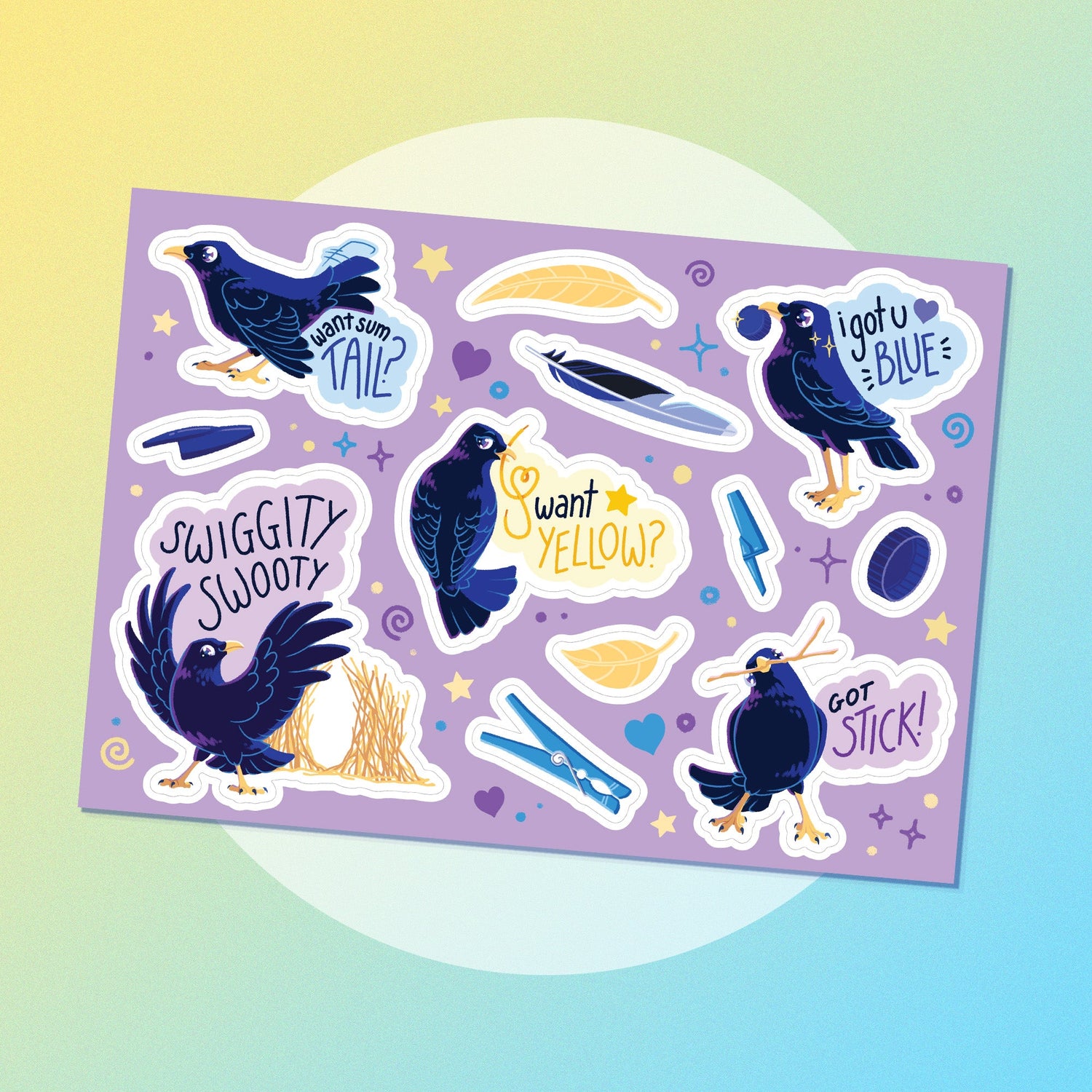 A satin bowerbird sticker sheet on a white circle on a yellow and blue gradient background.