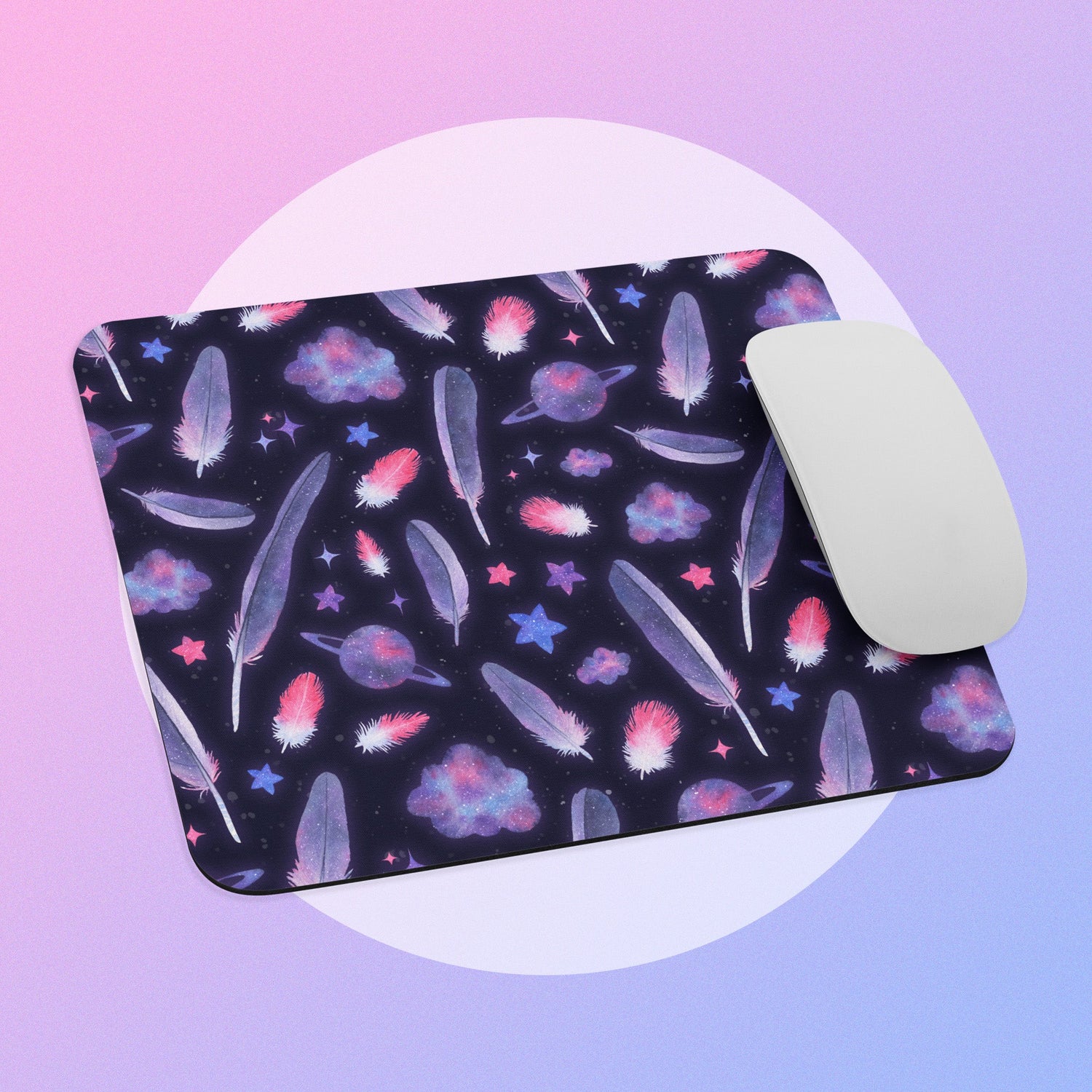 A galaxy-themed galah feather pattern on a white circle on a pink and purple gradient background.