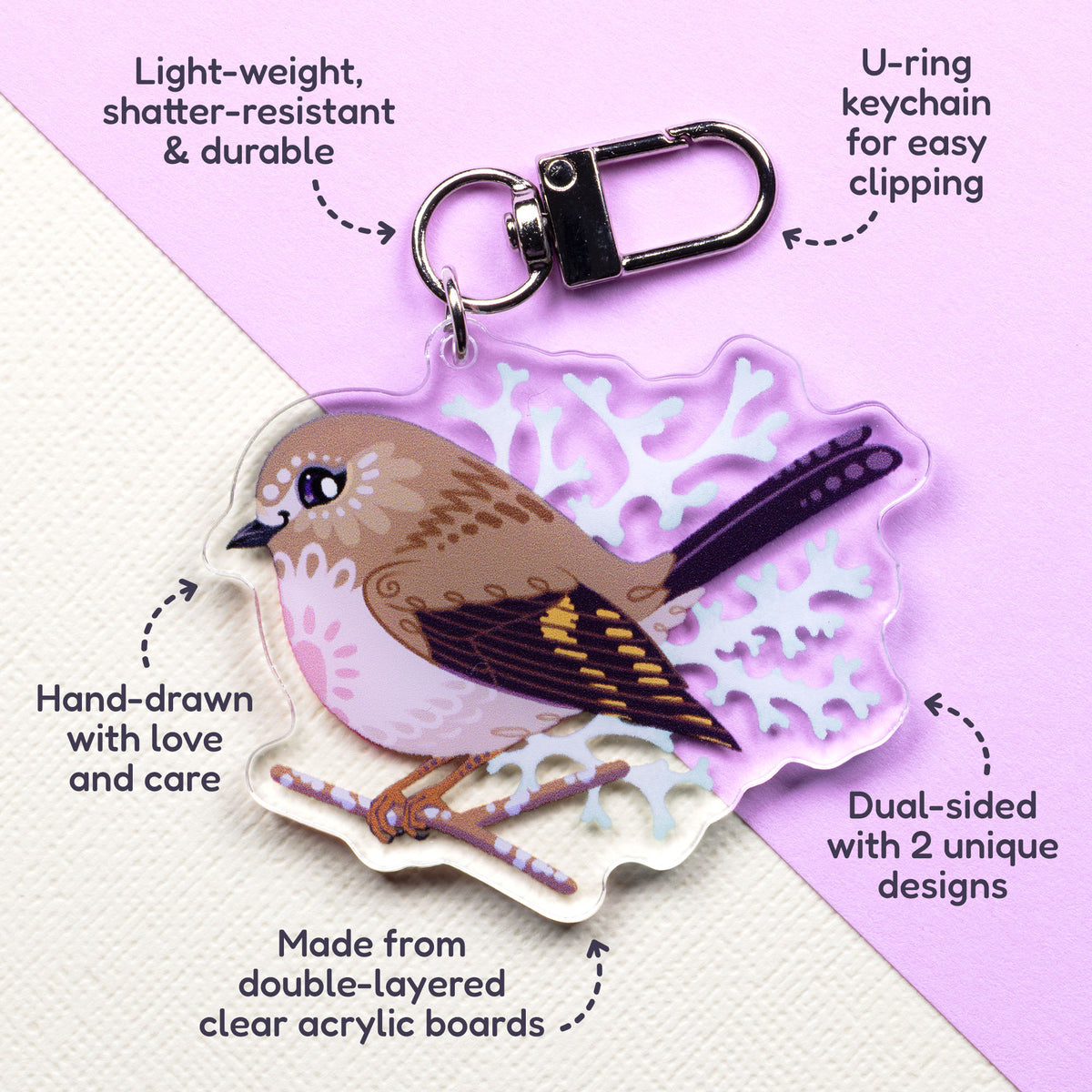 Features & benefits (U-ring keychain for easy clipping, light-weight, shatter-resistant & durable, hand-drawn with love and care, made from double-layered clear acrylic boards, dual-sided with 2 unique designs) surrounding a double-sided acrylic keychain of male & female pink robins sitting on a split cream and pale lilac background.