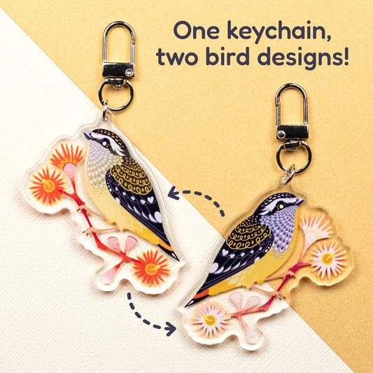 Both sides of a double-sided acrylic keychain of male & female spotted pardalotes sitting on a split cream & metallic gold background with the text 'One keychain, two bird designs!' in the top right.