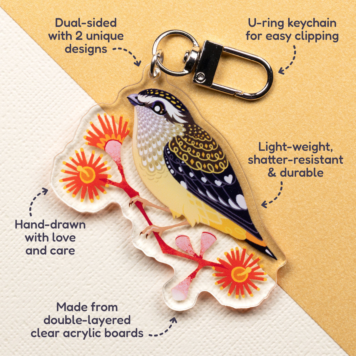 Features & benefits (U-ring keychain for easy clipping, light-weight, shatter-resistant & durable, hand-drawn with love and care, made from double-layered clear acrylic boards, dual-sided with 2 unique designs) surrounding a double-sided acrylic keychain of male & female spotted pardalotes sitting on a split cream & metallic gold background. 