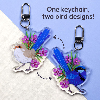 Both sides of a double-sided acrylic keychain of male & female splendid fairywrens sitting on a split cream and pale blue background with the text 'One keychain, two bird designs!' in the top right.