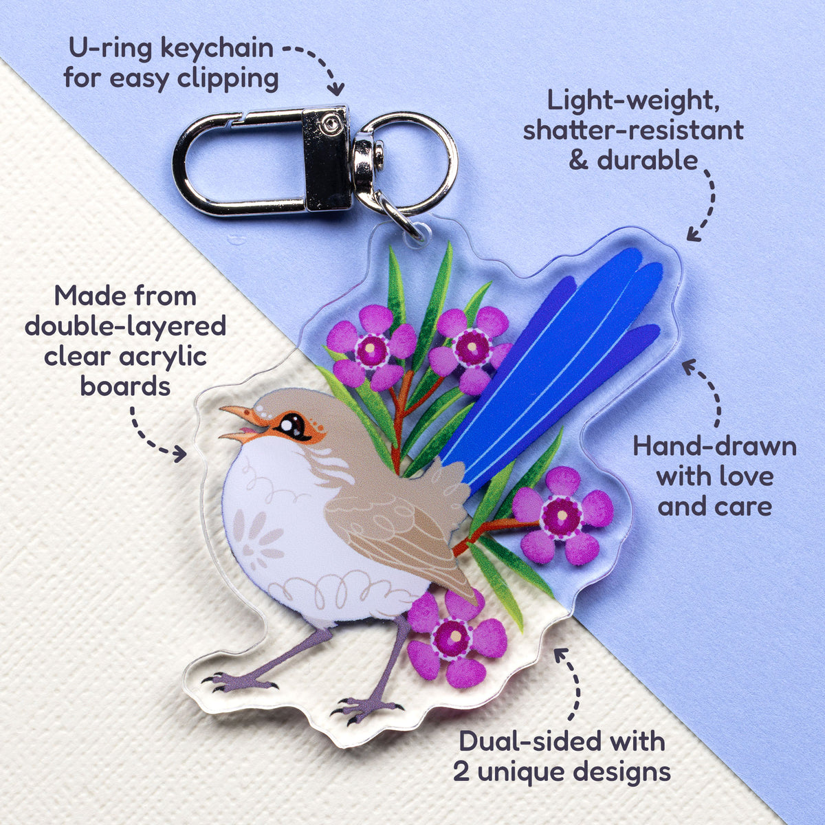 Features & benefits (U-ring keychain for easy clipping, light-weight, shatter-resistant & durable, hand-drawn with love and care, made from double-layered clear acrylic boards, dual-sided with 2 unique designs) surrounding a double-sided acrylic keychain of male & female splendid fairywrens sitting on a split cream and pale blue background.