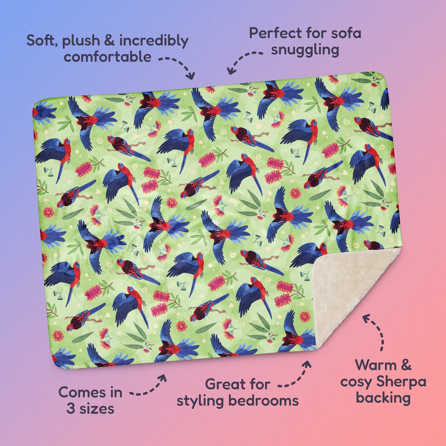 Features & benefits ('Soft, plush & incredibly comfortable', 'Perfect for sofa snuggling', 'Comes in 3 sizes', 'Great for styling bedrooms', 'Warm & cosy Sherpa backing') surrounding a green, red and blue crimson rosella & native Aussie plant pattern blanket on a blue and pink gradient background.