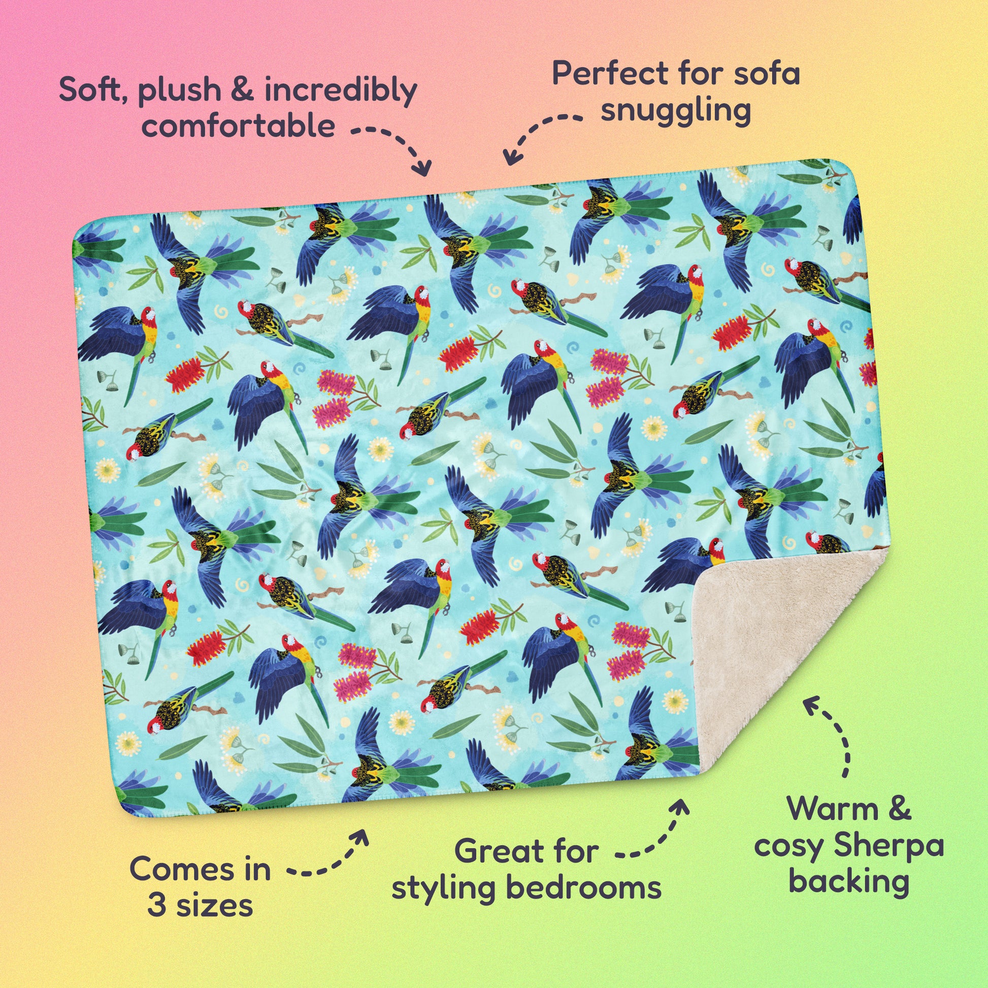 Features & benefits ('Soft, plush & incredibly comfortable', 'Perfect for sofa snuggling', 'Comes in 3 sizes', 'Great for styling bedrooms', 'Warm & cosy Sherpa backing') surrounding a blue, pink and green eastern rosella & native Aussie plant pattern blanket on a pink, yellow and green gradient background.