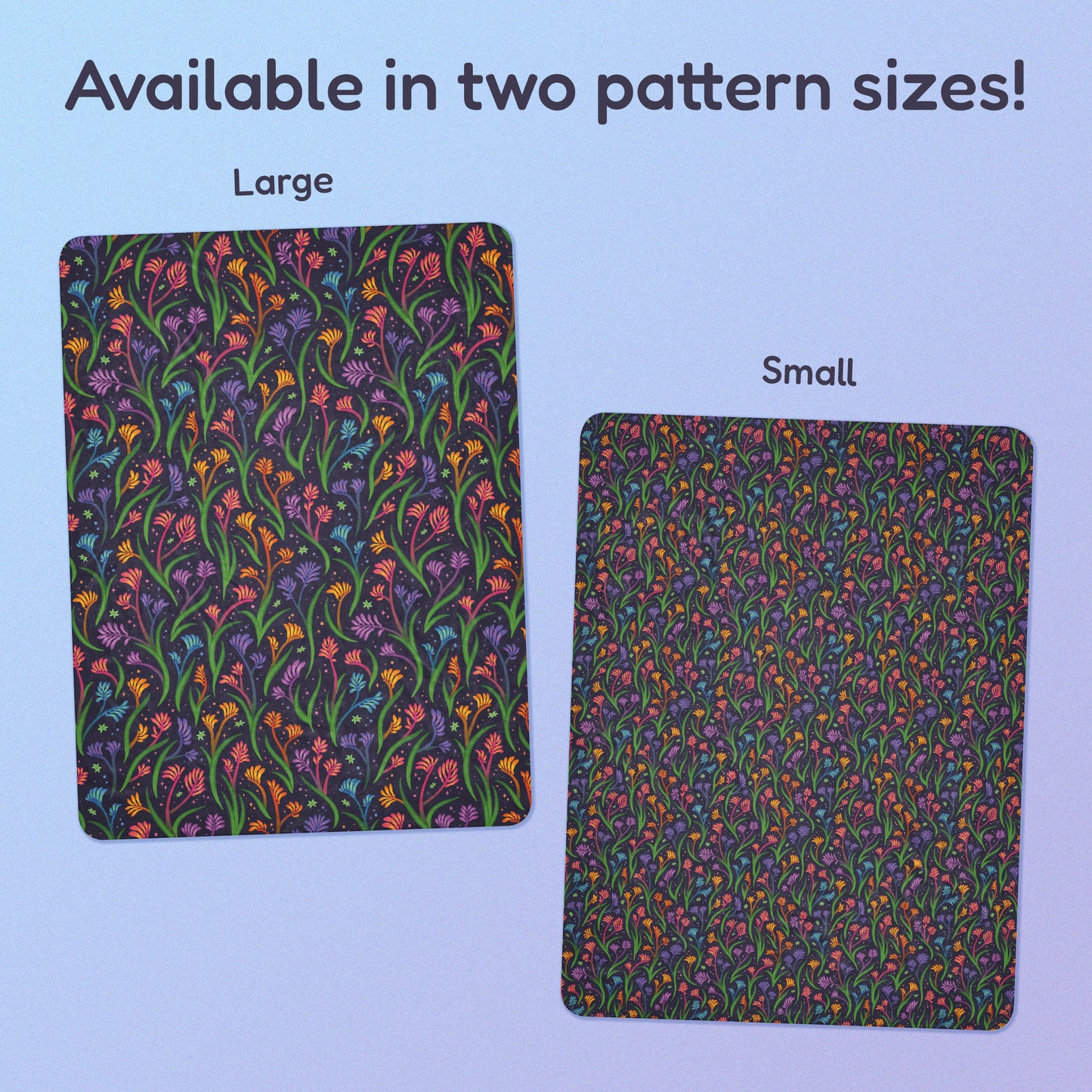 Side-by-side comparison of two pattern print sizes (Large & Small) of a rainbow kangaroo paw flower pattern blanket on a blue and purple gradient background.