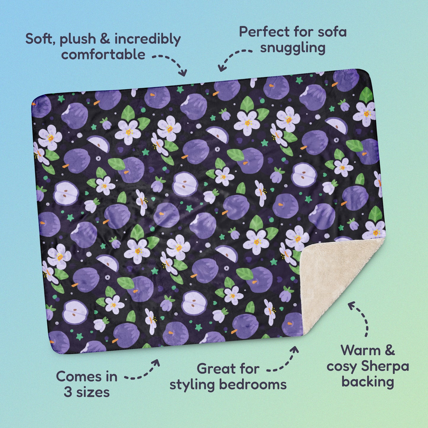 Features & benefits ('Soft, plush & incredibly comfortable', 'Perfect for sofa snuggling', 'Comes in 3 sizes', 'Great for styling bedrooms', 'Warm & cosy Sherpa backing') surrounding a purple apples & blossoms pattern blanket on a blue and green gradient background.