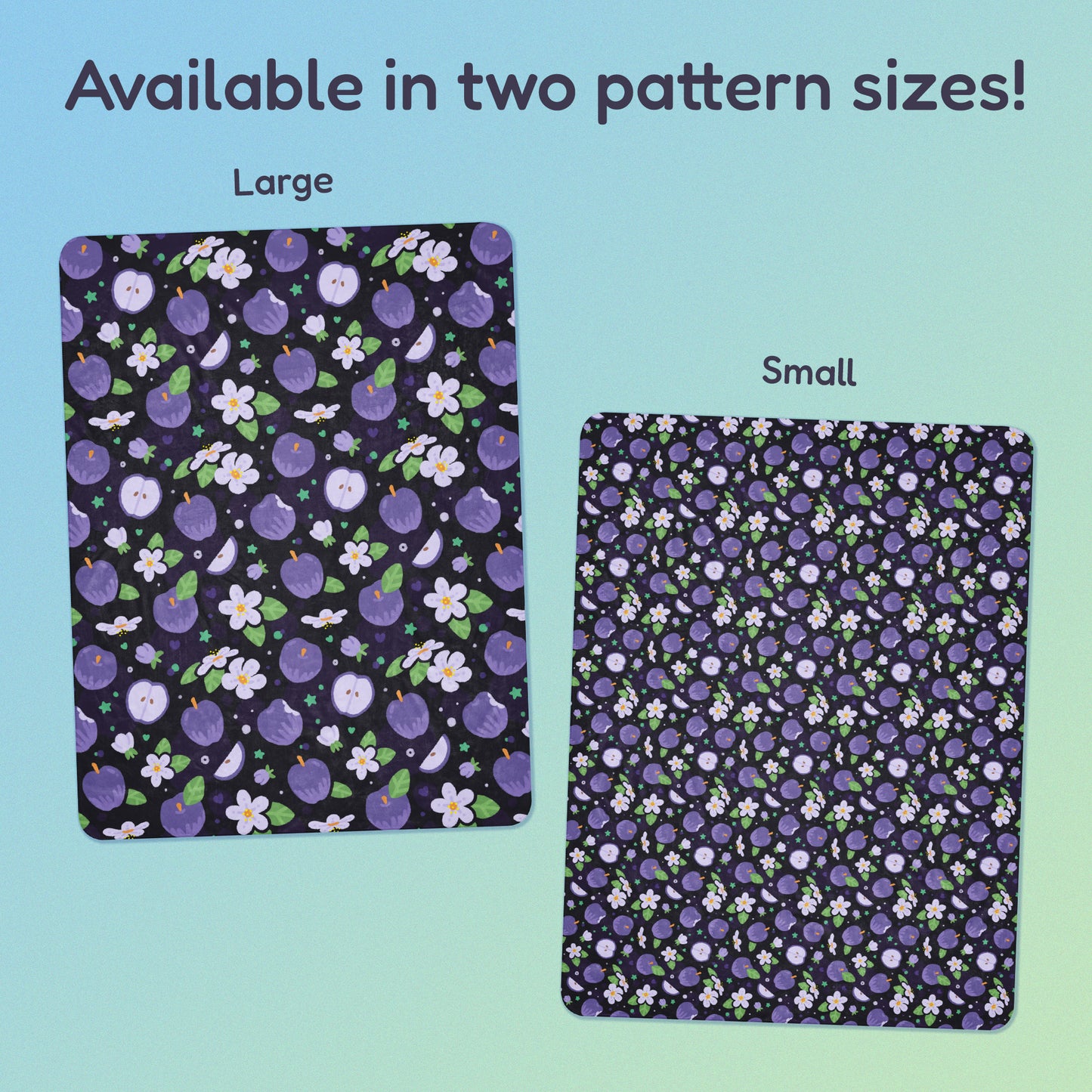 Side-by-side comparison of two pattern print sizes (Large & Small) of a purple apples & blossoms pattern blanket on a blue and green gradient background.