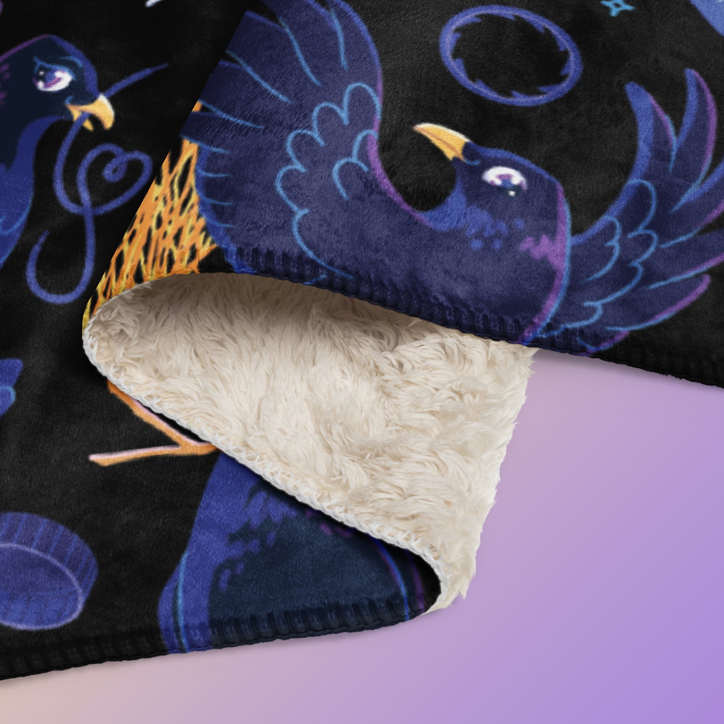 Close up detail of a folded black, blue, purple and yellow male Aussie satin bowerbird pattern blanket on a yellow and purple gradient background.