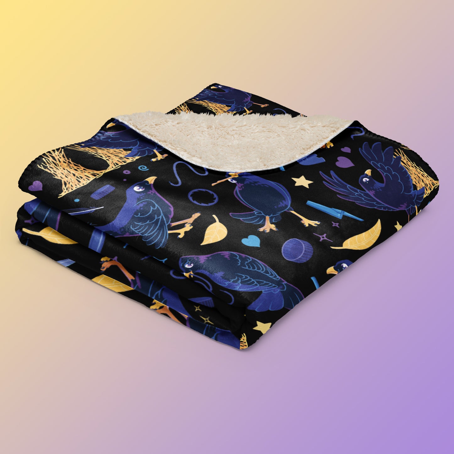 A folded black, blue, purple and yellow male Aussie satin bowerbird pattern blanket on a yellow and purple gradient background.